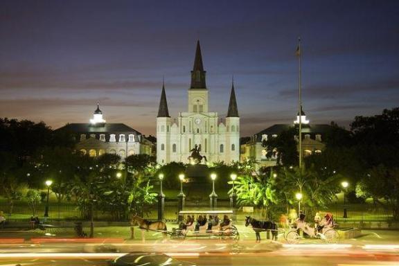 A glowing view of downtown at night