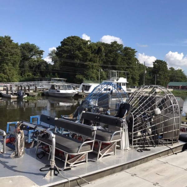 a boat parked in a parking lot
